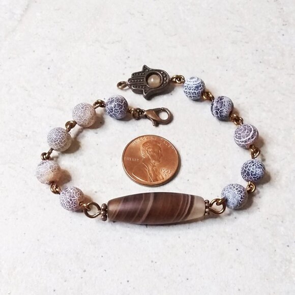 Earth Tones! Lovely Shades of Brown! Mixed Agate Bracelet + Copper + Hamsa Hand - Picture 2 of 10